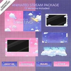 以下が含まれることがあります： ピンクとブルーのカラーテーマのアニメーションTwitchストリームパッケージ。パッケージには、開始画面、新しいフォロワーアラート、ウェブカメラオーバーレイ、および「私について」、「スケジュール」、「ルール」、「その他」の4つのボタンが含まれています。デザインには、雲、星、ハートが描かれています。