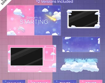 May include: Animated Twitch stream package with a pink and blue color scheme. The package includes a starting soon screen, a new follower alert, a webcam overlay, and four buttons for about me, schedule, rules, and other. The design features clouds, stars, and hearts.