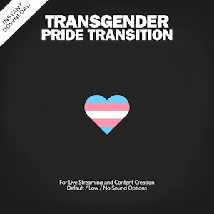 Op de afbeelding: Een digitale afbeelding met de tekst "TRANSGENDER PRIDE TRANSITION" in het wit. Een hart in de kleuren van de transgender pride vlag is gecentreerd eronder. De achtergrond is donkergrijs met een rasterpatroon.