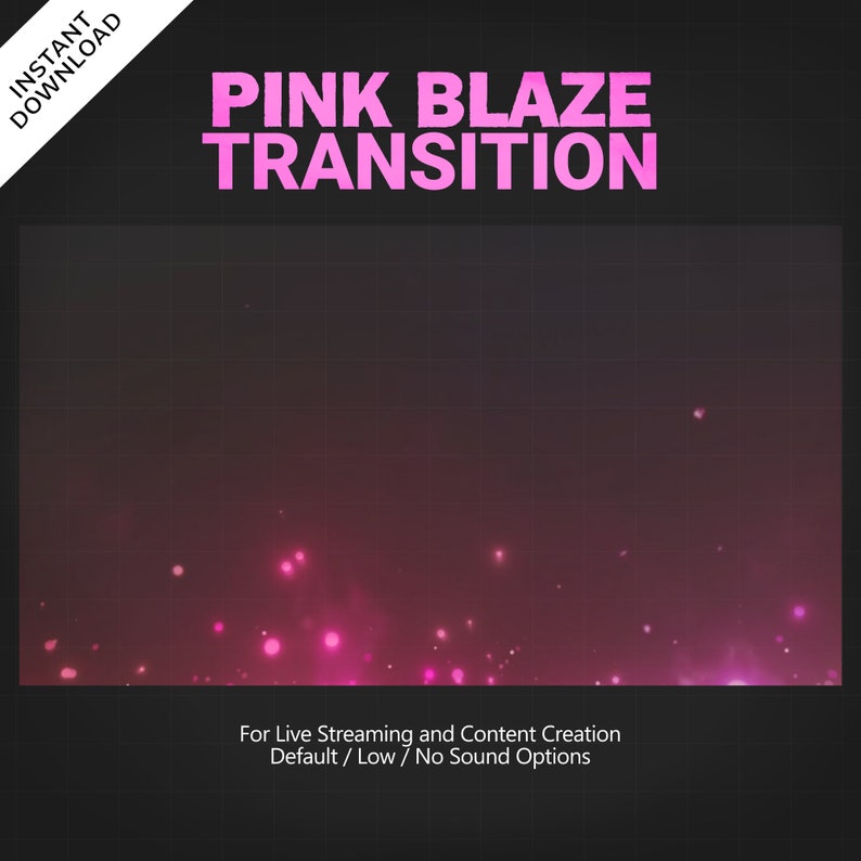 May include: Pink and white animated transition effect with glowing particles.  For live streaming and content creation.  Default, low, and no sound options are available.