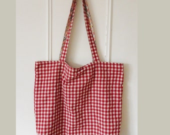 Bolso grande de verano en lona gingham rojo burdeos y flores / bolso de playa, bolso de compras vintage cottage