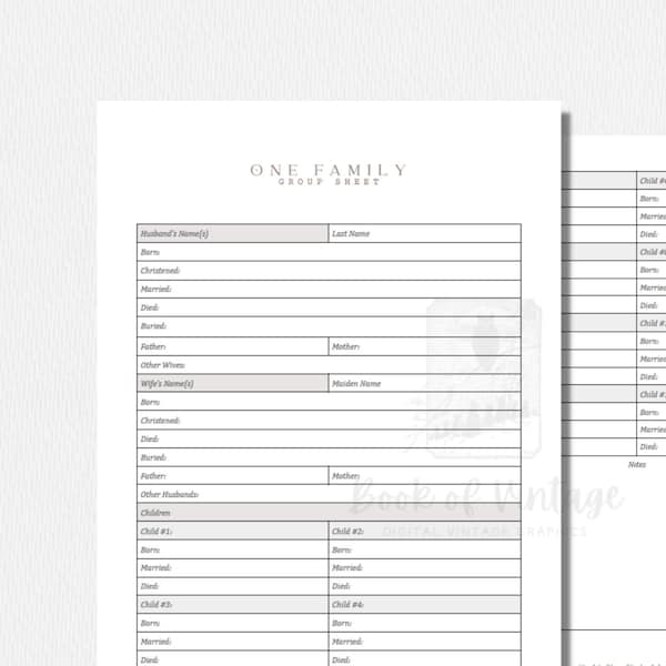 One Family Group Sheet Ancestor Tracker Sheet Husband, Wife and Up To 12 Children Printable Form Genealogy Family Tree Ancestry Historian