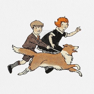 Vintage Kids with Dog Clip Art PNG SVG Digital Download Children with Pet Dog Red Head Girl Illustration for Invitations Card Making