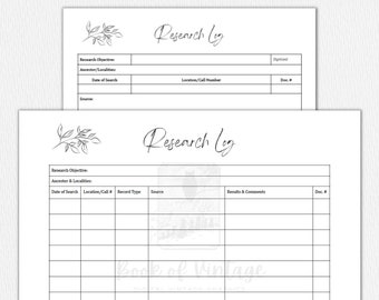 Research Log Sheet 2 Variations Printable Ancestor Tracker Form for Genealogy Family Tree Objective Cite Sources Historian Minimal Leaf