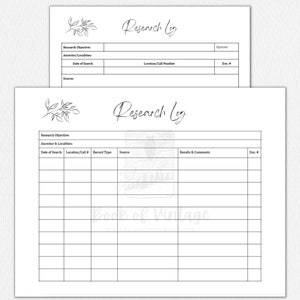 May include: Printable research log template with a floral design. The template includes sections for research objective, ancestor and location, date of search, location/call number, record type, source, results and comments, and document number.