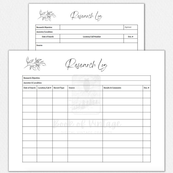 Research Log Sheet 2 Variations Printable Ancestor Tracker Form for Genealogy Family Tree Objective Cite Sources Historian Minimal Leaf