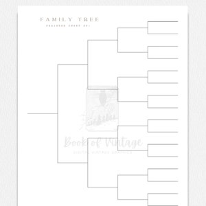 May include: A printable family tree chart with a blank template for filling in names and dates. The chart is in the shape of a branching tree with spaces for up to 15 names.