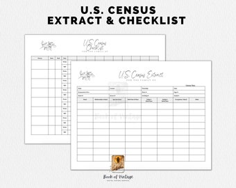 US Census Extract & Checklist Worksheets - 2 PDF Files Printable Ancestor Tracker Form for Genealogy Records Family History Tree
