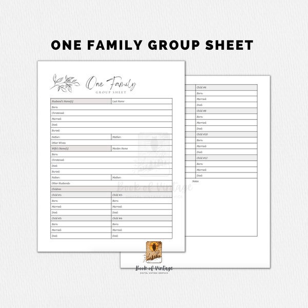 One Family Group Sheet Ancestor Tracker Sheet for a Husband, Wife and Up To 12 Children Printable Form Family Tree Ancestry Modern Leaf