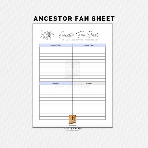 Fillable PDF Ancestor FAN Sheet Family, Associates, Neighbors Tracker for Genealogy Family Tree Record Tracking Form Calligraphy Leaf Branch