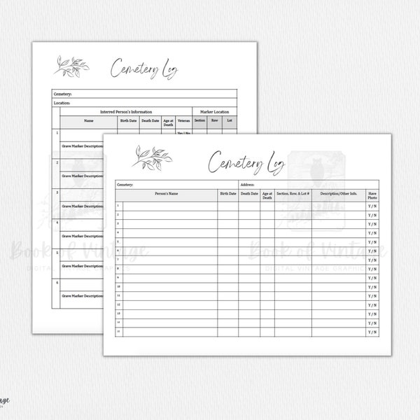 Cemetery Log Sheet Printable Ancestor Tracker Form for Genealogy Family Tree Ancestry Historian Minimal Leaf Head Stone Grave Marker Extract