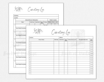 Cemetery Log Sheet Printable Ancestor Tracker Form for Genealogy Family Tree Ancestry Historian Minimal Leaf Head Stone Grave Marker Extract