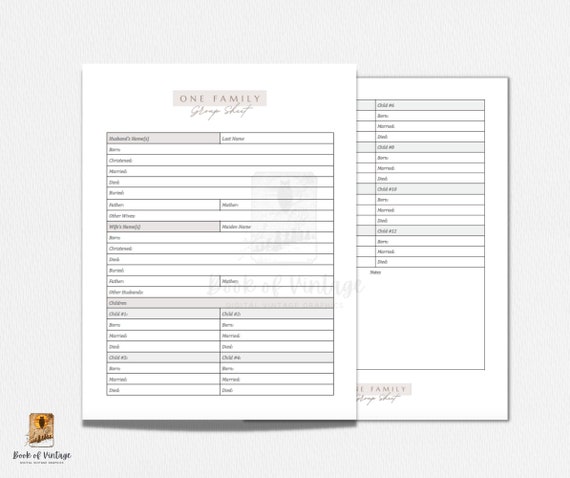 One Family Group Sheet Ancestor Tracker Sheet Husband, Wife and Up To 12 Children Printable Form Genealogy Family Tree Ancestry Modern