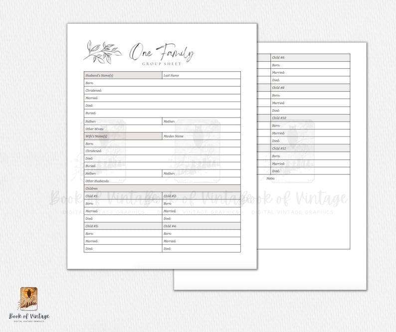 May include: A printable family group sheet with a floral design. The sheet includes sections for the husband's name, wife's name, children's names, and dates of birth, marriage, and death.