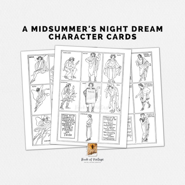 Shakespeare Character Cards Printable Homeschool Help A Midsummers Night Dream Literature Lessons Coloring Pages Digital Download Trading