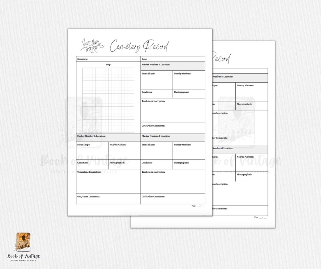 Cemetery Record Sheet Printable for Photographing and Logging Local