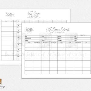 Op de afbeelding: Een printbaar US Census Checklist- en Extractformulier met een bloemmotief. De checklist heeft kolommen voor persoon, geboren, overleden, jaar, stad en leeftijd. Het extractformulier heeft kolommen voor het enumeratiedistrict, het graafschap, het woonhuisnummer, de naam, de relatie tot het hoofd van het gezin, de leeftijd, het geslacht, het ras, de geboorteplaats, de geboorteplaats van de vader, de geboorteplaats van de moeder, het beroep, de school en andere.