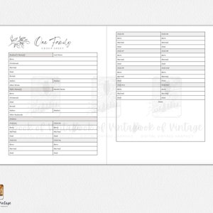 May include: A printable family group sheet with a black and white design. The sheet has sections for the husband's name, wife's name, children's names, and other relatives. The sheet also has sections for birth dates, marriage dates, and death dates.