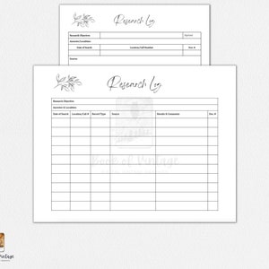 Op de afbeelding: Afdrukbare onderzoekslog-sjabloon met een bloemenontwerp. De sjabloon bevat secties voor onderzoeksdoel, voorouder en locatie, datum van onderzoek, locatie-/oproepnummer, recordtype, bron, resultaten en opmerkingen, en documentnummer.