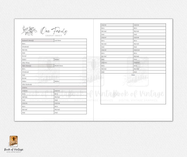 Op de afbeelding: Een printbaar familie-groepsblad met een zwart-wit ontwerp. Het blad heeft secties voor de naam van de echtgenoot, de naam van de echtgenote, de namen van de kinderen en andere familieleden. Het blad heeft ook secties voor geboortedata, huwelijksdata en overlijdensdata.