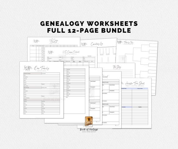 Full Bundle Set of 12 Genealogy Forms Family Group Sheet Tracker Pedigree Chart FAN Club Template for Family Tree Building and Research