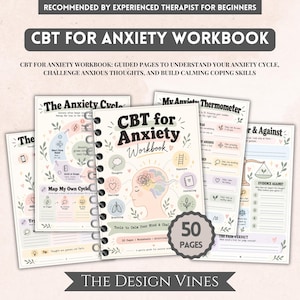 以下が含まれることがあります： スパイラル綴じのCBT for Anxietyワークブック。脳が絡まった頭部の横顔のイラストが描かれ、思考、感情、呼吸を表すアイコンが周囲に配置されています。表紙には「50 Pages」および「Tools to Calm Your Mind」というテキストが記載されています。