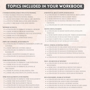 May include: A list of topics included in a workbook, organized into categories such as Understanding Executive Functioning, Memory & Focus, Impulse Control & Flexibility, Task Initiation & Planning, Time Management, Emotional Regulation, and more.