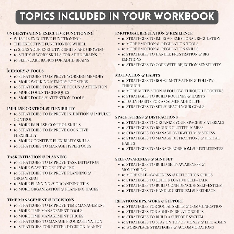 May include: A list of topics included in a workbook, organized into categories such as Understanding Executive Functioning, Memory & Focus, Impulse Control & Flexibility, Task Initiation & Planning, Time Management, Emotional Regulation, and more.