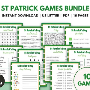 May include: A printable St. Patrick's Day game bundle with 10 different games, including word search, Irish proverbs, I Spy, scavenger hunt, scattegories, Irish riddles, emoji pictionary, would you rather, drink dice, and Irish slang. The games are designed for US letter size paper and are available for instant download.
