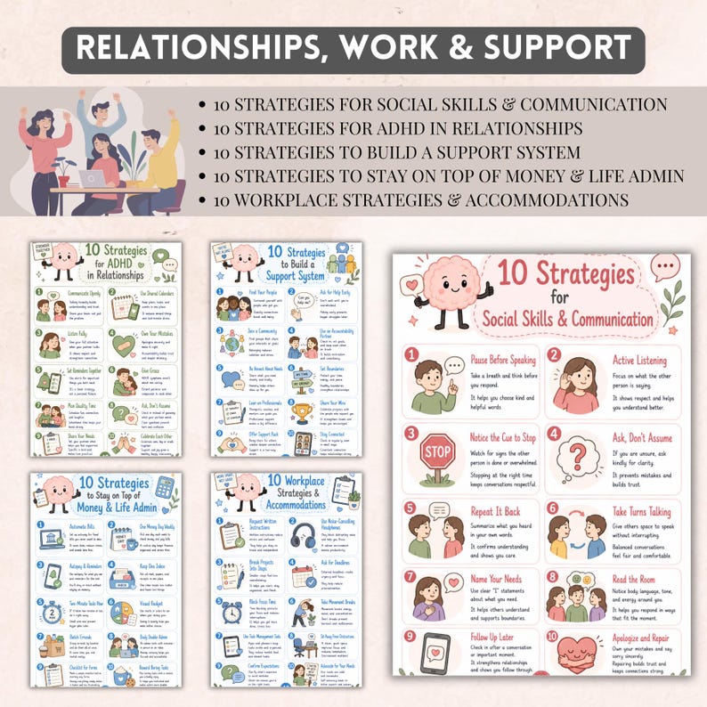 May include: A collection of five educational posters titled Relationships, Work & Support, featuring illustrated guides on social skills, ADHD, support systems, life admin, and workplace accommodations with numbered lists and cartoon characters.