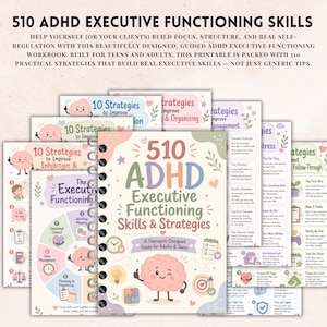 May include: A spiral-bound workbook titled 510 ADHD Executive Functioning Skills & Strategies, featuring a cartoon brain character, pastel colors, and various instructional pages with text, diagrams, and icons for focus and self-regulation.