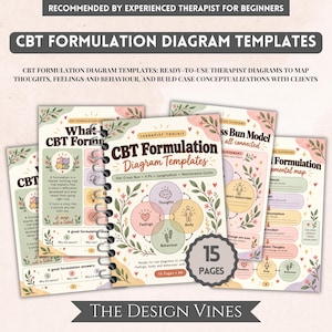 May include: A spiral-bound set of CBT Formulation Diagram Templates featuring 15 pages of therapeutic worksheets. The cover displays floral illustrations, a central diagram of thoughts, feelings, body, and behaviour, and the text CBT Formulation Diagram Templates.
