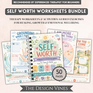 May include: A spiral-bound bundle of self-worth worksheets for teens and adults, featuring 50 pages of guided exercises. The cover displays the text 'MY SELF WORTH' with colorful illustrations of a sun, flowers, and hearts, alongside other activity pages.