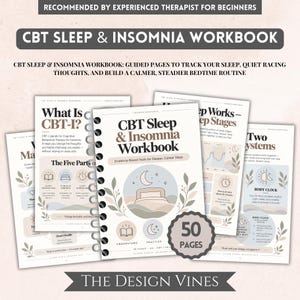 Peut inclure: Un cahier d'exercices CBT Sleep & Insomnia à reliure spirale de 50 pages. La couverture présente une illustration de lune et de lit, le texte "Evidence-Based Tools for Deeper, Calmer Sleep" et des pages intérieures sur l'éducation au sommeil et la santé cardiaque.