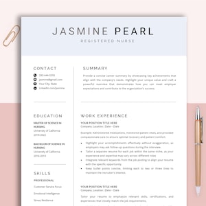 May include: A resume template for a registered nurse with sections for contact information, summary, education, work experience, and skills. The template is designed to be professional and easy to read.