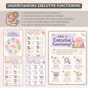 May include: A collection of educational posters titled Understanding Executive Functioning, featuring pastel-colored illustrations of brains and icons. The set includes charts on the Executive Functioning Wheel, self-care, study skills, and signs of growth.