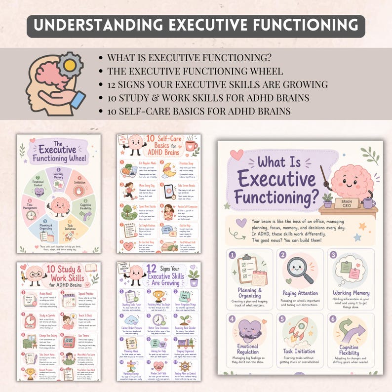 May include: A collection of educational posters titled Understanding Executive Functioning, featuring pastel-colored illustrations of brains and icons. The set includes charts on the Executive Functioning Wheel, self-care, study skills, and signs of growth.