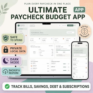 Op de afbeelding: Een digitale budget-app weergegeven op een laptop- en smartphonescherm. De interface bevat een dashboard met financiële overzichten, transactielijsten en voortgangsbalken. De tekst bevat "Ultimate Paycheck Budget App", "Safe to Spend", "Private Local Data", "Dark Mode", "Backup & Restore" en "Track Bills, Savings, Debt & Subscriptions".