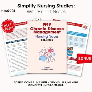 Może przedstawiać: Różowa i biała okładka książki z tytułem "FNP Chronic Disease Management Nursing Notes 2024 2025". Okładka przedstawia kreskówkową ilustrację osoby ze stetoskopem i lupą nad płucem. Książka została stworzona przez zarejestrowaną pielęgniarkę. Tekst "Topics come alive with vivid visuals, making concepts unforgettable." znajduje się na dole obrazu.