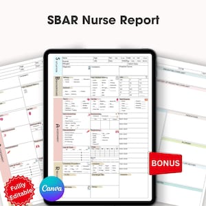May include: A printable SBAR Nurse Report template with sections for Situation, Background, Assessment, and Recommendation. The template is designed for nurses to use when communicating patient information to other healthcare professionals.