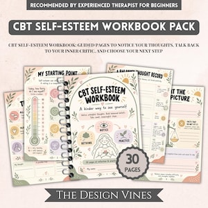 CBT Self-Esteem Workbook, Inner Critic Worksheets, Thought Record, Negative Self-Talk, Self-Compassion Journal, Therapy Worksheets