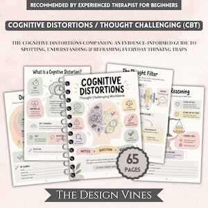 May include: A spiral-bound Cognitive Distortions Thought Challenging Workbook with 65 pages. The cover features a brain illustration divided into two halves, surrounded by icons and text including Notice, Question, and Reed. Additional pages show diagrams on cognitive distortions, thought filters, and emotional reasoning.