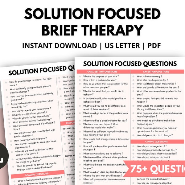 Solution Focused Therapy Questions Cheat Sheet, Therapy Session Questions, SFBT, Printable Therapist Questions, Open-Ended Probing Questions