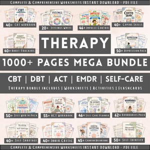 Könnte beinhalten: Ein digitales Therapie-Paket mit über 1000 Seiten an PDF-Arbeitsblättern, Übungsheften und Lernkarten zu CBT, DBT, ACT, EMDR und Selbstfürsorge. Die Sammlung enthält verschiedene Themenpakete wie Bewältigungsstrategien, Gewohnheitstracker und Depressions-Workbooks.