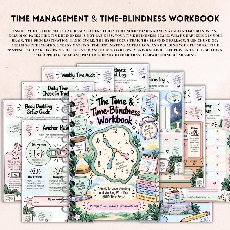 May include: A spiral-bound workbook titled The Time & Time-Blindness Workbook with a cover featuring a clock, hourglass, and mug. The pages contain various charts, trackers, and guides for time management, including a Weekly Time Audit and Focus Log.