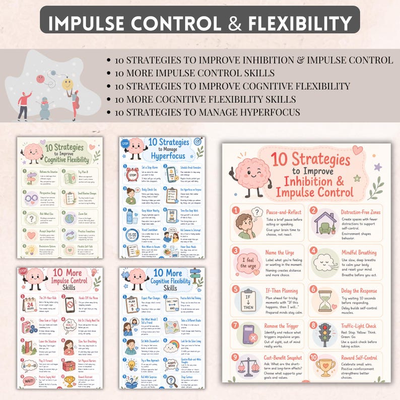May include: A set of five educational posters titled Impulse Control & Flexibility, featuring lists of strategies for inhibition, impulse control, cognitive flexibility, and hyperfocus. Each poster includes numbered steps, cartoon brain icons, and text.