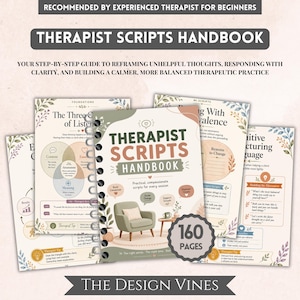 May include: A spiral-bound Therapist Scripts Handbook with 160 pages, featuring a cover illustration of a green armchair and botanical accents. The text includes Recommended by Experienced Therapist for Beginners and The Design Vines at the bottom.