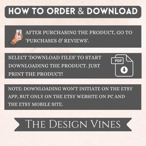 May include: An instructional graphic with dark gray banners and white text titled HOW TO ORDER & DOWNLOAD. It explains the process of accessing digital files via Purchases & Reviews, downloading PDFs, and notes that downloads must occur on a web browser.