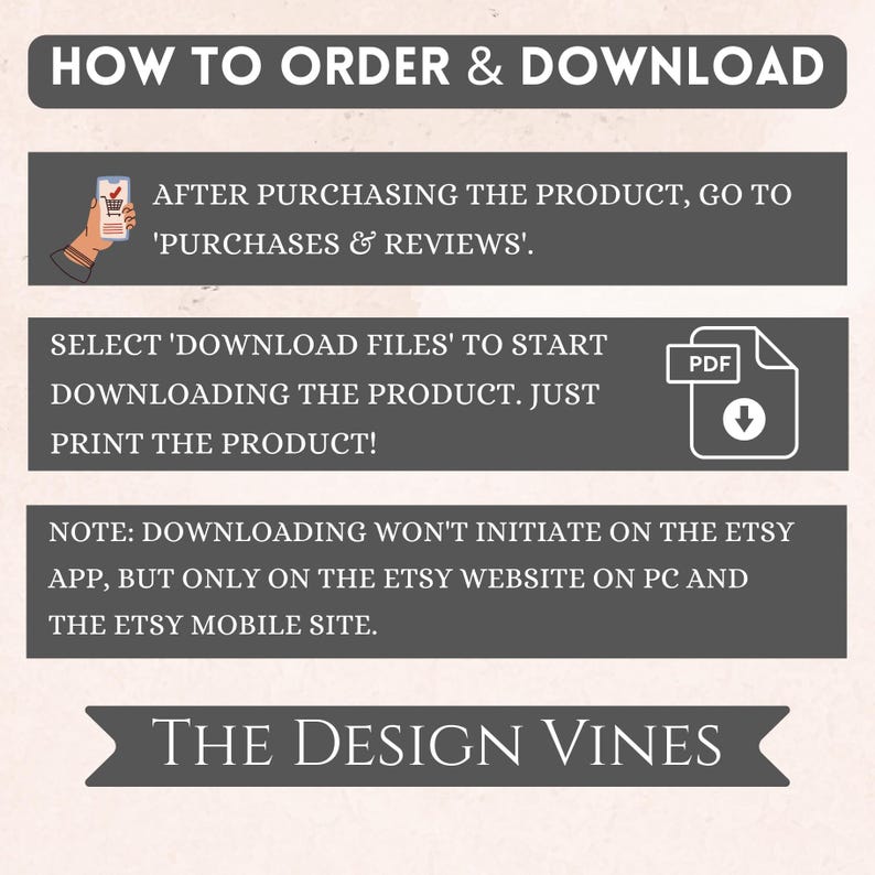 May include: An instructional graphic with dark gray banners and white text titled HOW TO ORDER & DOWNLOAD. It explains the process of accessing digital files via Purchases & Reviews, downloading PDFs, and notes that downloads must occur on a web browser.
