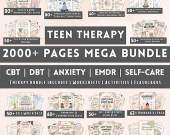 Teen therapy mega worksheet bundle, therapy workbook, therapist journal anxiety, psychology kids mental health, teenagers coping skills,